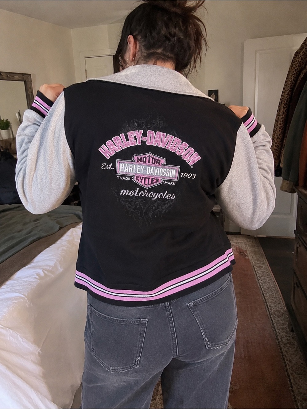 Harley-Davidson Black, Light Gray & Pink Women's Varsity Jacket